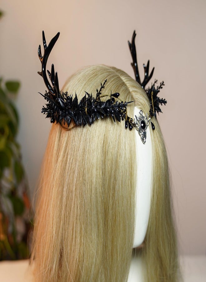 MOSTORY Gothic Black Antler Crown - Dark Elf Headpiece Forest Fairy Headband Fae Deer Horns Circlet for Women Renaissance Renfaire Cosplay Goth Wedding Halloween - Image 5